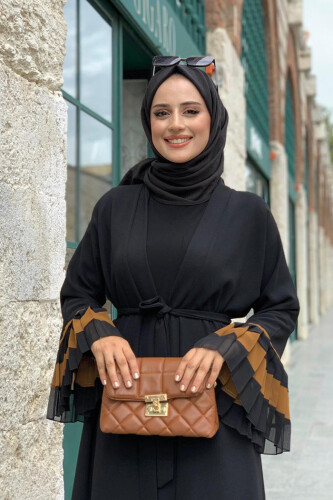 Sleeve and Hem Bicolor Waist Belted Pleated Abaya 7454 Black-Taba - 4