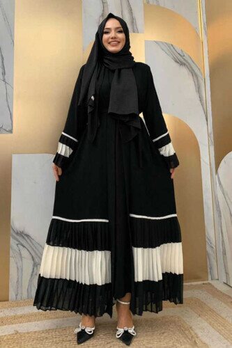 Sleeve and Hem Bicolor Waist Belted Pleated Abaya 7454 Black-White 