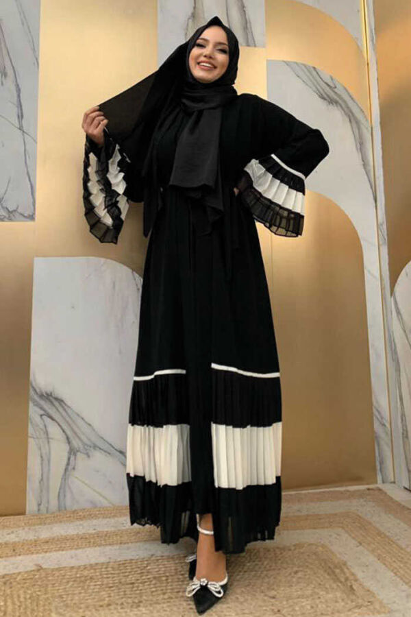 Sleeve and Hem Bicolor Waist Belted Pleated Abaya 7454 Black-White - 2