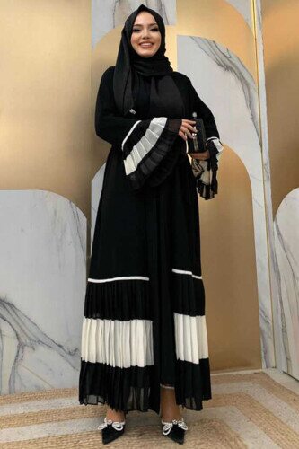 Sleeve and Hem Bicolor Waist Belted Pleated Abaya 7454 Black-White - 3