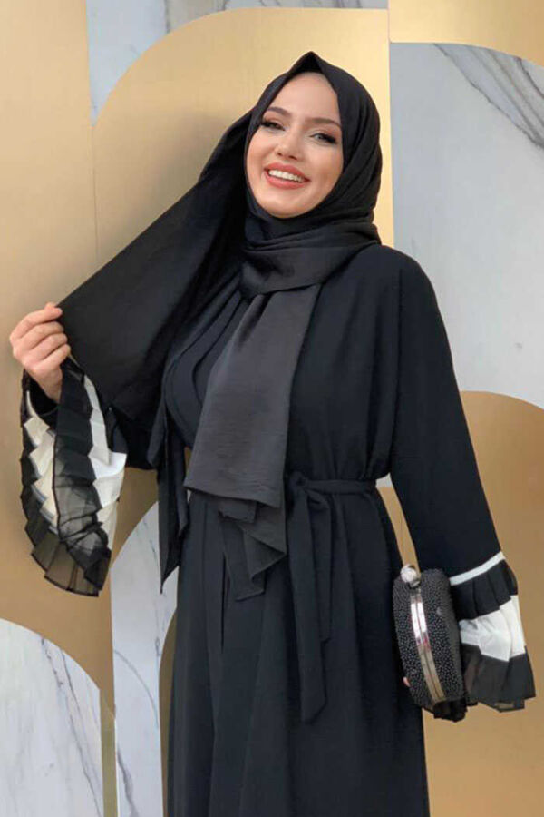 Sleeve and Hem Bicolor Waist Belted Pleated Abaya 7454 Black-White - 4