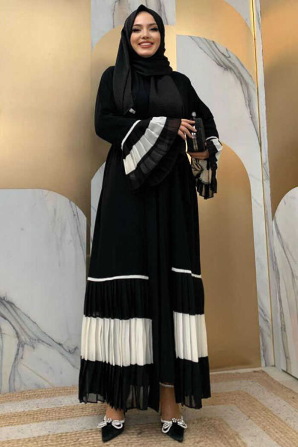 Рукава и подол Bicolor Waist Belted Pleated Abaya 7454 Black-White - 3