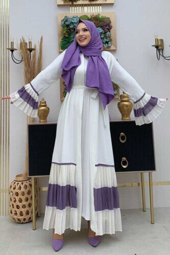 Two-tone Waist Belted Pleated Abaya with Sleeves and Hem 7454 Ecru-Lilac 