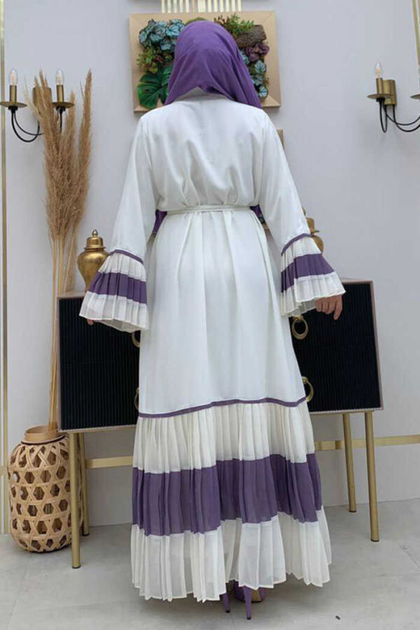 Two-tone Waist Belted Pleated Abaya with Sleeves and Hem 7454 Ecru-Lilac - 2