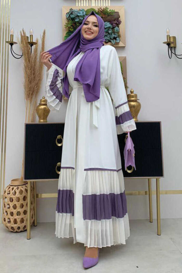 Two-tone Waist Belted Pleated Abaya with Sleeves and Hem 7454 Ecru-Lilac - 3