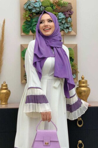 Two-tone Waist Belted Pleated Abaya with Sleeves and Hem 7454 Ecru-Lilac - 4