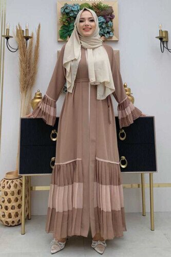 Two Colored Waist Belted Pleated Abaya with Sleeves and Hem 7454 Mink - 1