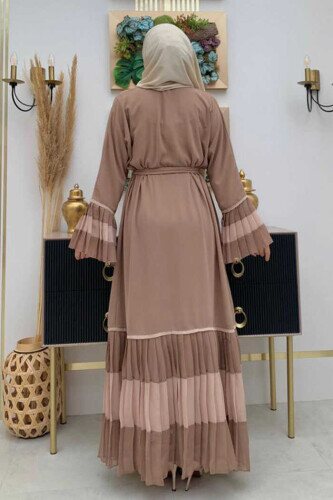 Two Colored Waist Belted Pleated Abaya with Sleeves and Hem 7454 Mink - 2