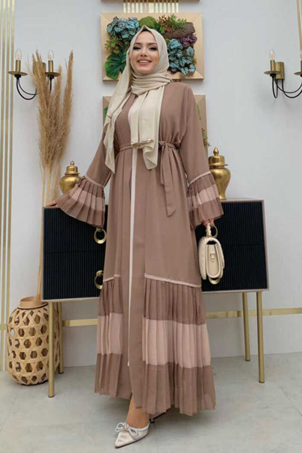 Two Colored Waist Belted Pleated Abaya with Sleeves and Hem 7454 Mink - 3