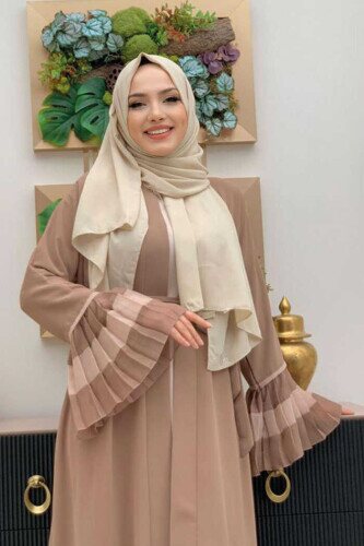 Two Colored Waist Belted Pleated Abaya with Sleeves and Hem 7454 Mink - 4