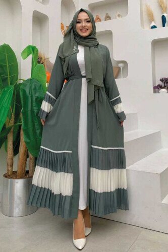 Sleeve and Hem Bicolor Waist Belted Pleated Abaya 7454 Mint 