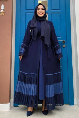 Two-tone Waist Belted Pleated Abaya with Sleeves and Hem 7454 Navy Blue 