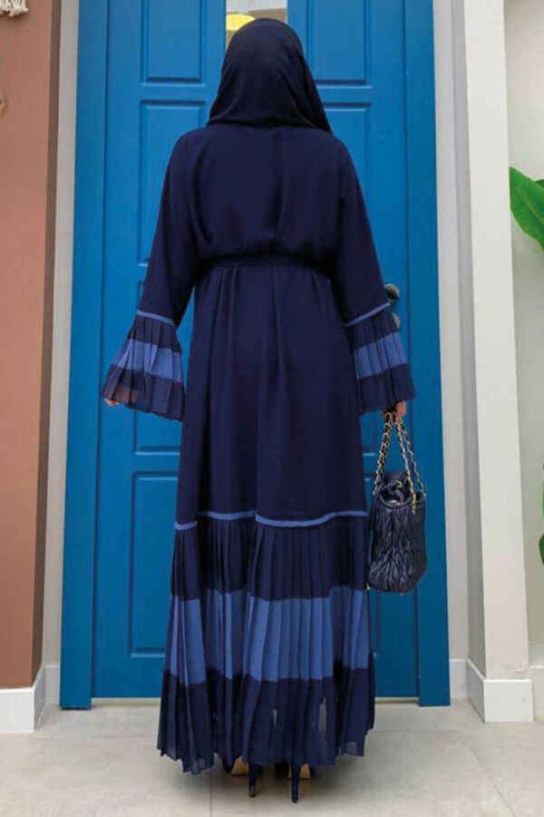 Two-tone Waist Belted Pleated Abaya with Sleeves and Hem 7454 Navy Blue - 2