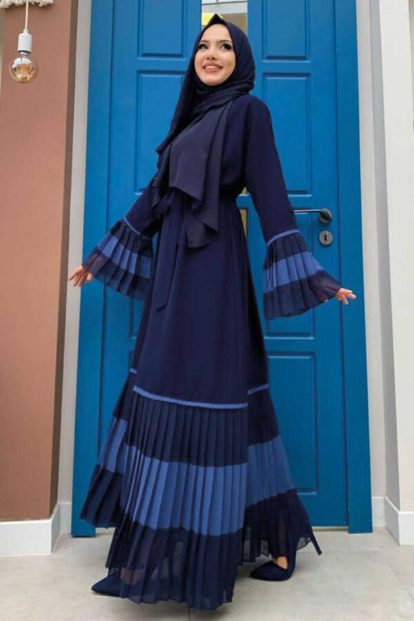 Two-tone Waist Belted Pleated Abaya with Sleeves and Hem 7454 Navy Blue - 3