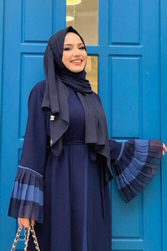 Two-tone Waist Belted Pleated Abaya with Sleeves and Hem 7454 Navy Blue - 4