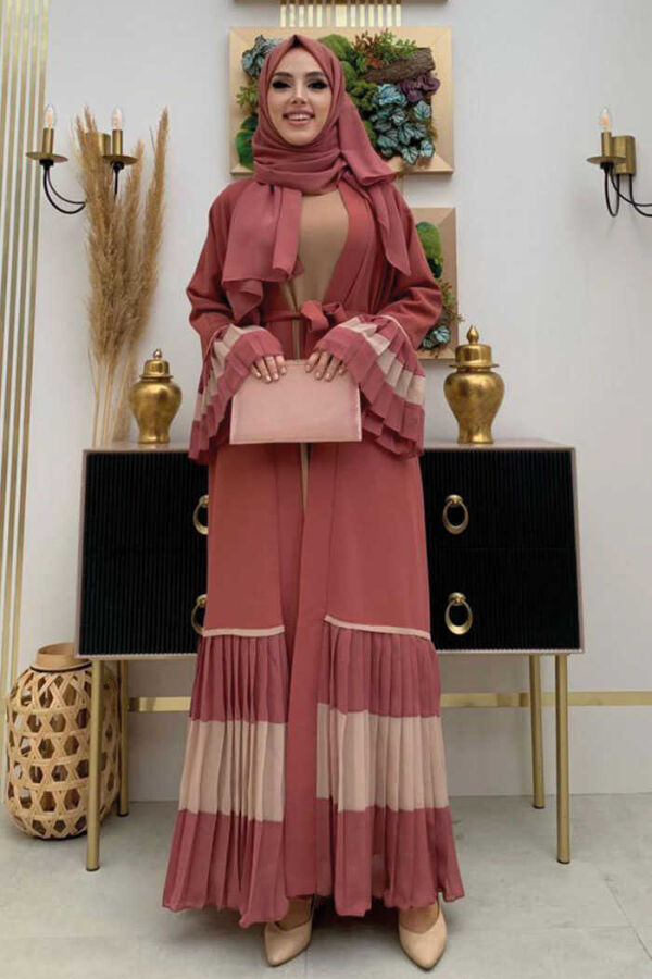 Two-tone Waist Belted Pleated Abaya with Sleeves and Hem 7454 Dried Rose - 1