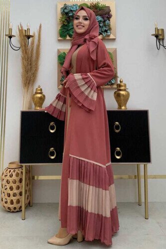 Two-tone Waist Belted Pleated Abaya with Sleeves and Hem 7454 Dried Rose - 2