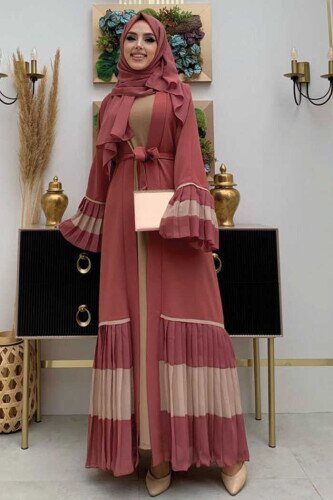 Two-tone Waist Belted Pleated Abaya with Sleeves and Hem 7454 Dried Rose - 3