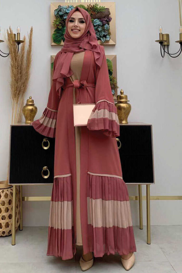 Two-tone Waist Belted Pleated Abaya with Sleeves and Hem 7454 Dried Rose - 3