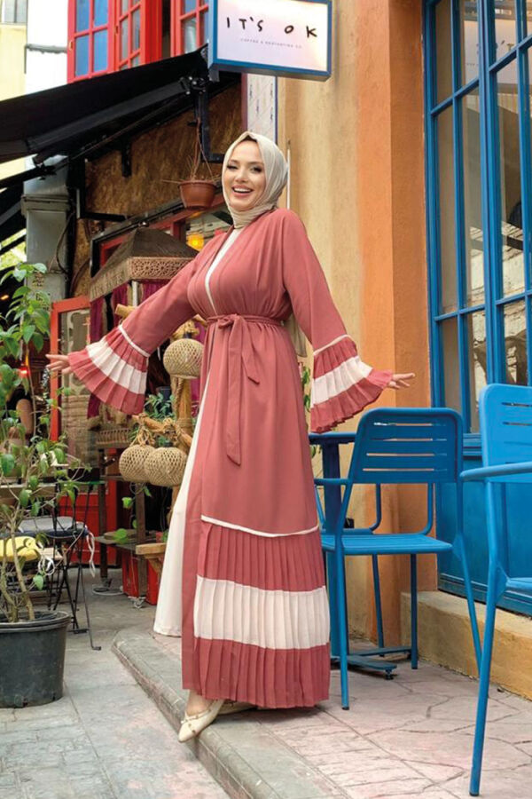 Two-tone Waist Belted Pleated Abaya with Sleeves and Hem 7454 Dried Rose - 3