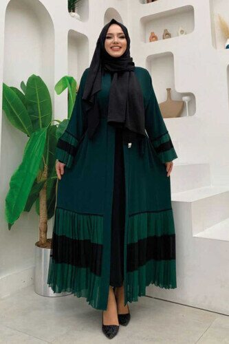 Two-tone Waist Belted Pleated Abaya with Sleeves and Hem 7454 Emerald 