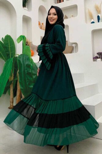 Two-tone Waist Belted Pleated Abaya with Sleeves and Hem 7454 Emerald - 2