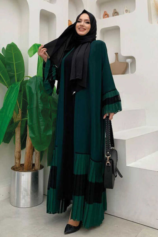 Two-tone Waist Belted Pleated Abaya with Sleeves and Hem 7454 Emerald - 3