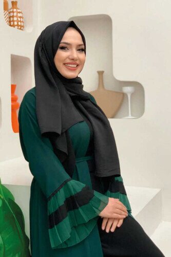 Two-tone Waist Belted Pleated Abaya with Sleeves and Hem 7454 Emerald - 4