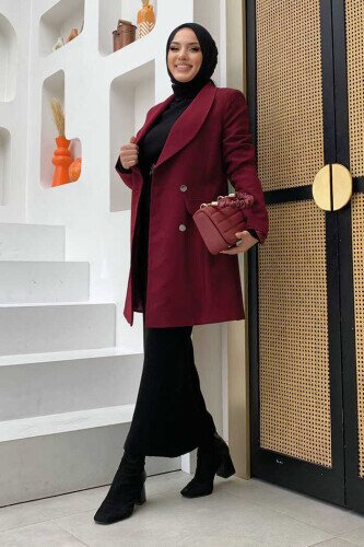 Pocket Look Front Button Detail Lined Jacket 7660 Claret Red - 2