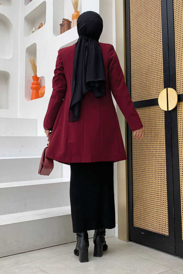 Pocket Look Front Button Detail Lined Jacket 7660 Claret Red - 3