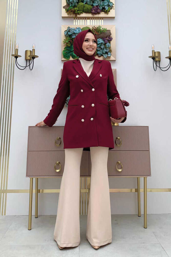 Button Look Lined Jacket 7665 Claret Red - 1