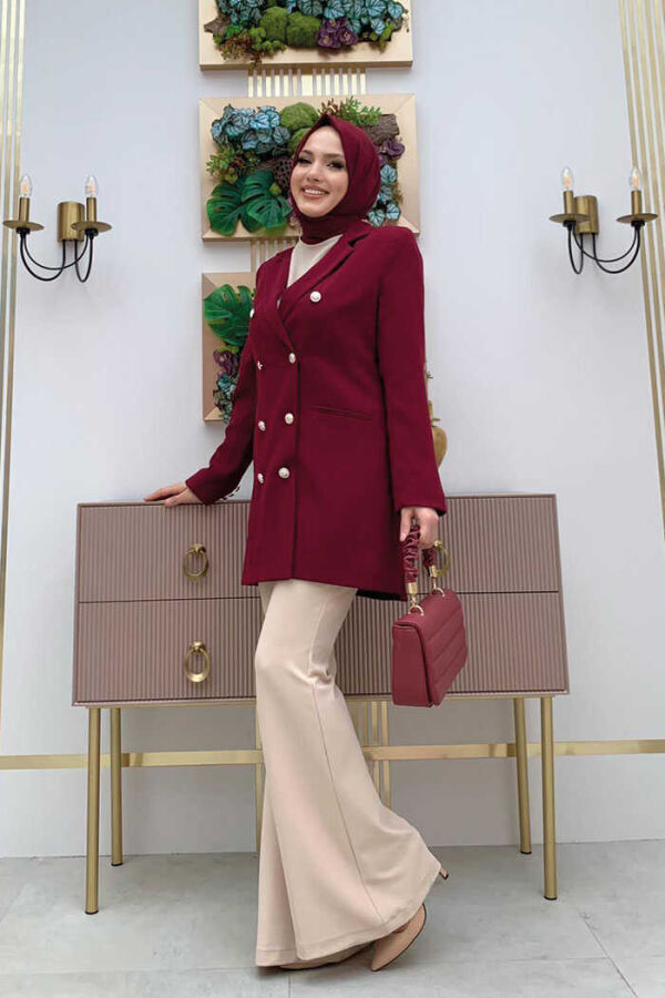 Button Look Lined Jacket 7665 Claret Red - 2