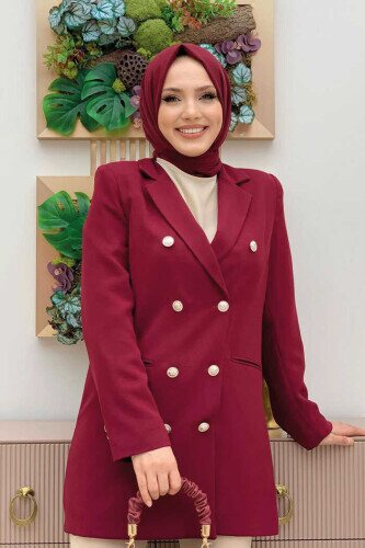 Button Look Lined Jacket 7665 Claret Red - 4