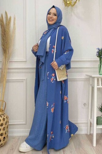 Abaya mit bestickten Fledermausärmeln 7686 Indigo - 4