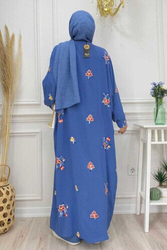 Embroidered Bat Sleeve Detail Abaya 7686 Indigo - 2