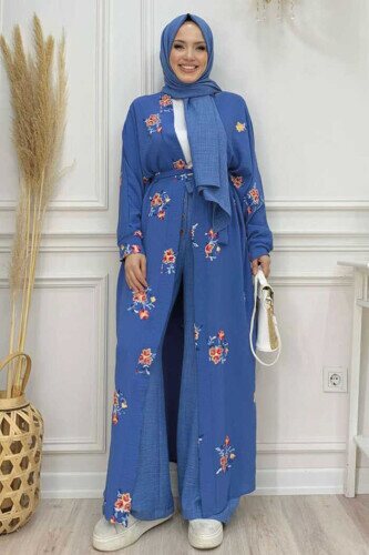 Embroidered Bat Sleeve Detail Abaya 7686 Indigo - 3