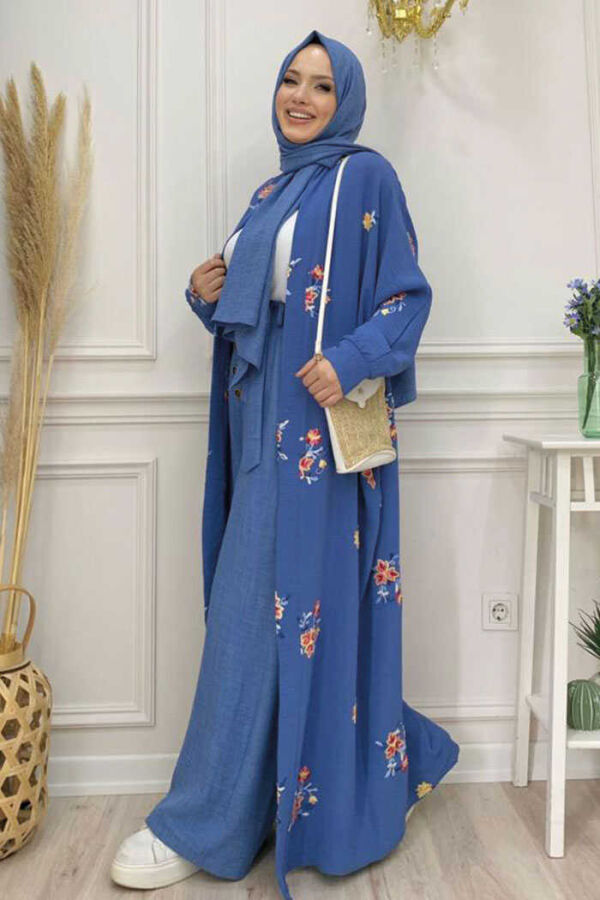 Embroidered Bat Sleeve Detail Abaya 7686 Indigo - 4