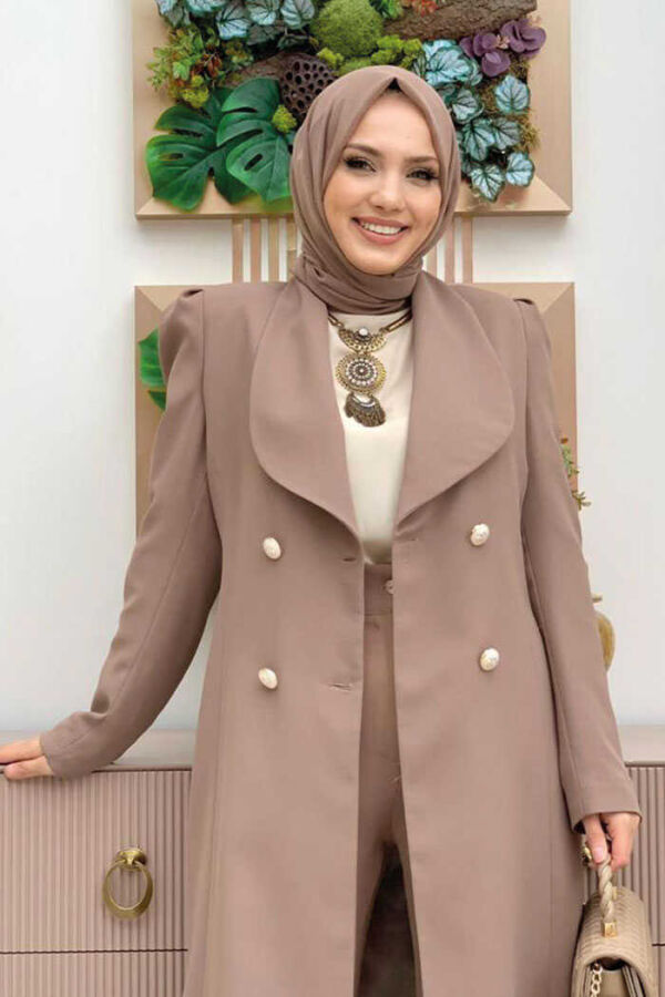 Collar Detail Front Buttoned Half Length Jacket 7693 Mink - 4