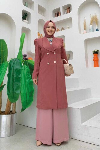 Collar Detail Front Buttoned Half Length Jacket 7693 Dried Rose 