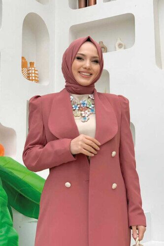 Collar Detail Front Buttoned Half Length Jacket 7693 Dried Rose - 4