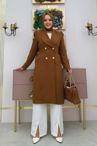 Collar Detail Front Buttoned Half Length Jacket 7693 Tan 