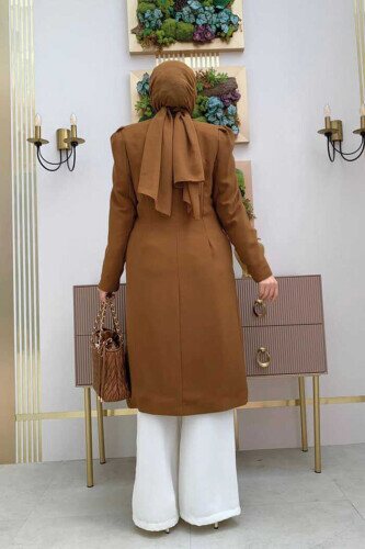 Collar Detail Front Buttoned Half Length Jacket 7693 Tan - 3