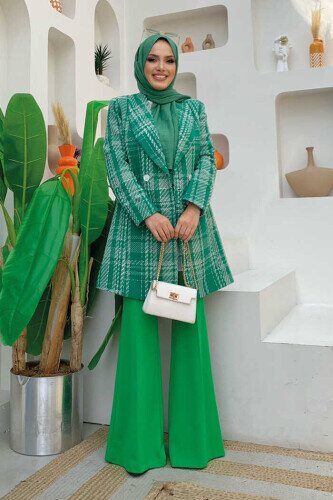 Pocket Look Patterned Chanel Jacket 7709 Green - 2