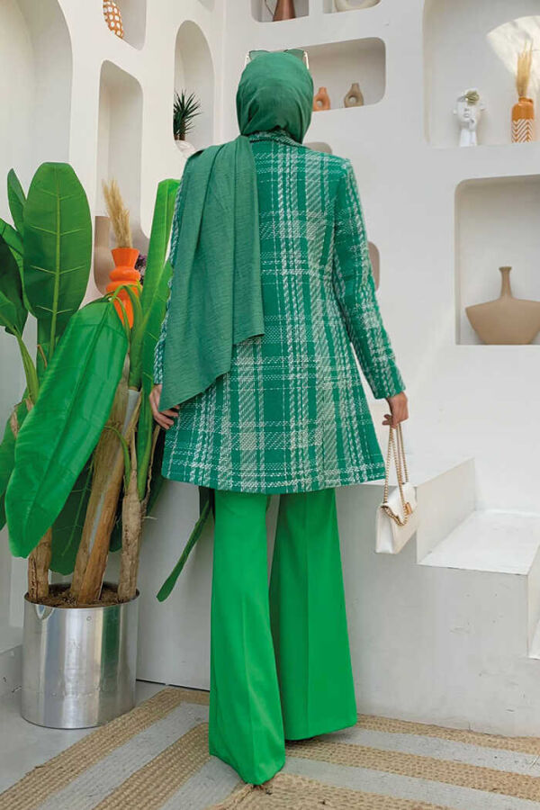 Pocket Look Patterned Chanel Jacket 7709 Green - 4