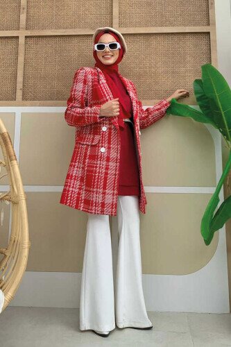 Pocket Look Patterned Chanel Jacket 7709 Red - 3