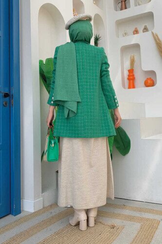 Front Button Detail Pocket View Chanel Fabric Jacket 7712 Emerald - 3