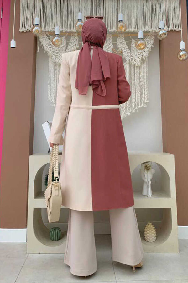 Two Color Buttoned Waist Tie Half Length Jacket 7803 Dried Rose - 2