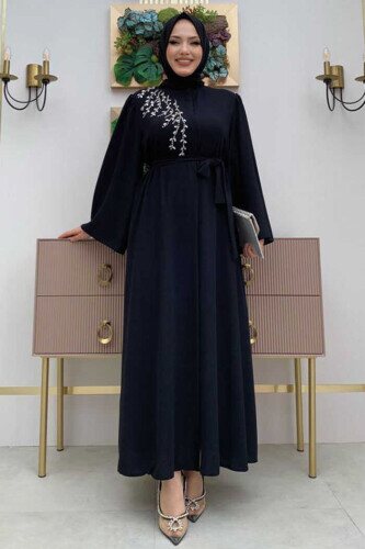 Schultersteinbestickte Taillenkrawatte Abaya 7805 Schwarz - 1