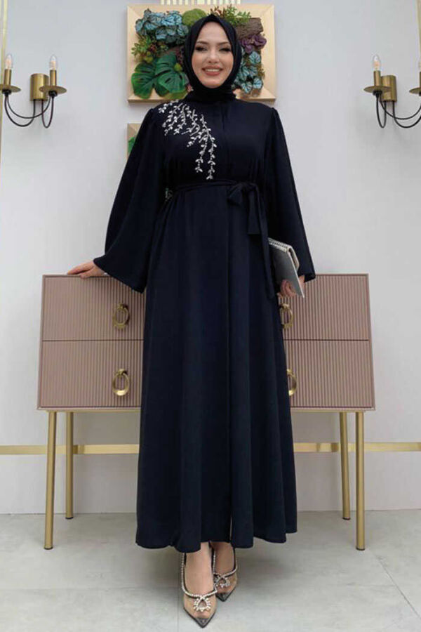 Schultersteinbestickte Taillenkrawatte Abaya 7805 Schwarz - 1