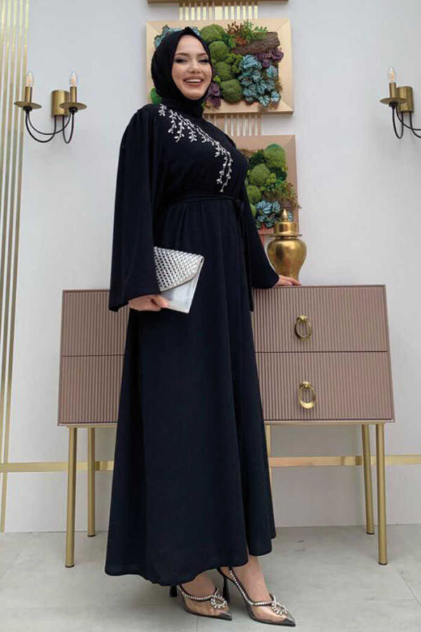 Schultersteinbestickte Taillenkrawatte Abaya 7805 Schwarz - 3